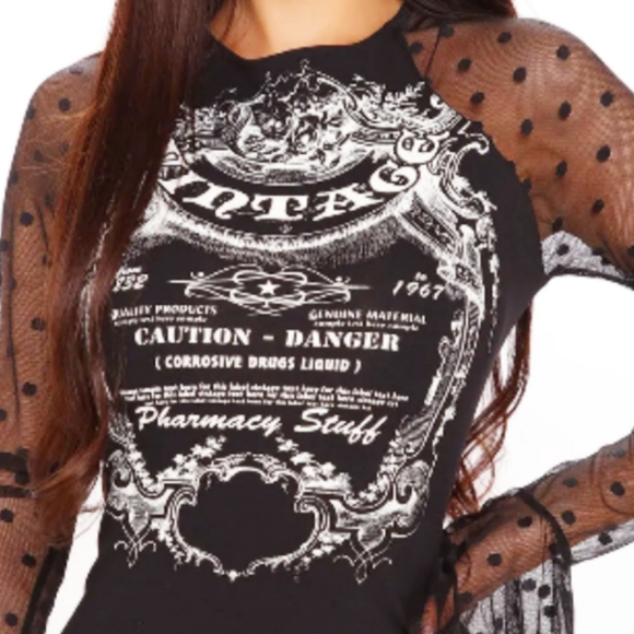 Witchy Halloween Goth minidress, bodycon w/long lace mesh ruffle sleeves NWOT - Picture 2 of 3